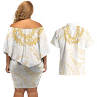 Aloha Lei Onaona Couples Matching Off Shoulder Short Dress and Hawaiian Shirt Beige Hawaiian Tribal Pattern