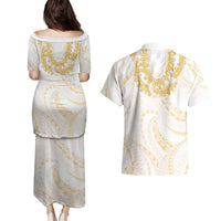 Aloha Lei Onaona Couples Matching Puletasi and Hawaiian Shirt Beige Hawaiian Tribal Pattern