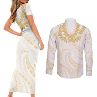 Aloha Lei Onaona Couples Matching Short Sleeve Bodycon Dress and Long Sleeve Button Shirt Beige Hawaiian Tribal Pattern