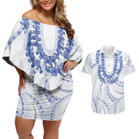 Aloha Lei Onaona Couples Matching Off Shoulder Short Dress and Hawaiian Shirt Navy Blue Hawaiian Tribal Pattern