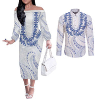 Aloha Lei Onaona Couples Matching Off The Shoulder Long Sleeve Dress and Long Sleeve Button Shirt Navy Blue Hawaiian Tribal Pattern