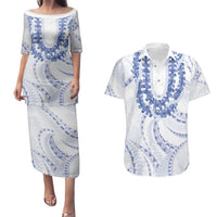 Aloha Lei Onaona Couples Matching Puletasi and Hawaiian Shirt Navy Blue Hawaiian Tribal Pattern