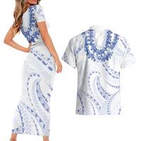 Aloha Lei Onaona Couples Matching Short Sleeve Bodycon Dress and Hawaiian Shirt Navy Blue Hawaiian Tribal Pattern