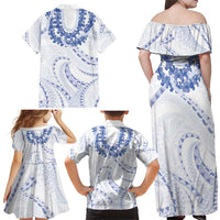 Aloha Lei Onaona Family Matching Off Shoulder Maxi Dress and Hawaiian Shirt Navy Blue Hawaiian Tribal Pattern