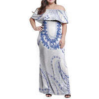 Aloha Lei Onaona Family Matching Off Shoulder Maxi Dress and Hawaiian Shirt Navy Blue Hawaiian Tribal Pattern