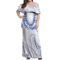 Aloha Lei Onaona Off Shoulder Maxi Dress Navy Blue Hawaiian Tribal Pattern