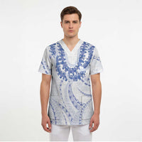 Aloha Lei Onaona Scrub Top Navy Blue Hawaiian Tribal Pattern - Polynesian Pride
