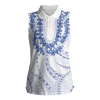 Aloha Lei Onaona Women Sleeveless Polo Shirt Navy Blue Hawaiian Tribal Pattern