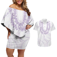Aloha Lei Onaona Couples Matching Off Shoulder Short Dress and Hawaiian Shirt Purple Hawaiian Tribal Pattern
