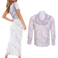 Aloha Lei Onaona Couples Matching Short Sleeve Bodycon Dress and Long Sleeve Button Shirt Purple Hawaiian Tribal Pattern