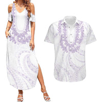 Aloha Lei Onaona Couples Matching Summer Maxi Dress and Hawaiian Shirt Purple Hawaiian Tribal Pattern