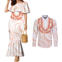 Aloha Lei Onaona Couples Matching Mermaid Dress and Long Sleeve Button Shirt Red Hawaiian Tribal Pattern