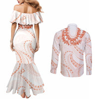 Aloha Lei Onaona Couples Matching Mermaid Dress and Long Sleeve Button Shirt Red Hawaiian Tribal Pattern