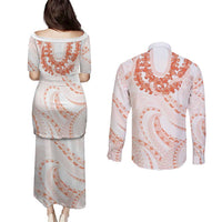 Aloha Lei Onaona Couples Matching Puletasi and Long Sleeve Button Shirt Red Hawaiian Tribal Pattern