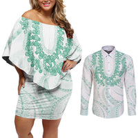 Aloha Lei Onaona Couples Matching Off Shoulder Short Dress and Long Sleeve Button Shirt Sage Green Hawaiian Tribal Pattern