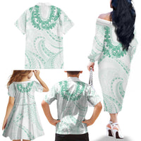Aloha Lei Onaona Family Matching Off The Shoulder Long Sleeve Dress and Hawaiian Shirt Sage Green Hawaiian Tribal Pattern