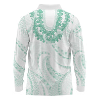 Aloha Lei Onaona Long Sleeve Polo Shirt Sage Green Hawaiian Tribal Pattern