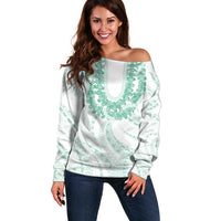 Aloha Lei Onaona Off Shoulder Sweater Sage Green Hawaiian Tribal Pattern