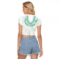 Aloha Lei Onaona Raglan Cropped T Shirt Sage Green Hawaiian Tribal Pattern