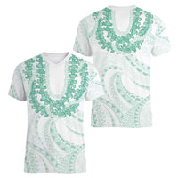 Aloha Lei Onaona Women V-Neck T-Shirt Sage Green Hawaiian Tribal Pattern
