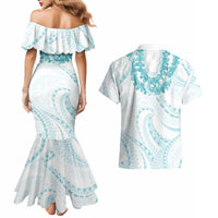 Aloha Lei Onaona Couples Matching Mermaid Dress and Hawaiian Shirt Teal Hawaiian Tribal Pattern