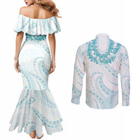 Aloha Lei Onaona Couples Matching Mermaid Dress and Long Sleeve Button Shirt Teal Hawaiian Tribal Pattern