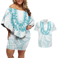 Aloha Lei Onaona Couples Matching Off Shoulder Short Dress and Hawaiian Shirt Teal Hawaiian Tribal Pattern