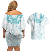 Aloha Lei Onaona Couples Matching Off Shoulder Short Dress and Hawaiian Shirt Teal Hawaiian Tribal Pattern