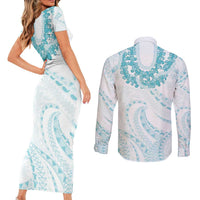 Aloha Lei Onaona Couples Matching Short Sleeve Bodycon Dress and Long Sleeve Button Shirt Teal Hawaiian Tribal Pattern