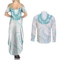 Aloha Lei Onaona Couples Matching Summer Maxi Dress and Long Sleeve Button Shirt Teal Hawaiian Tribal Pattern