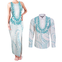 Aloha Lei Onaona Couples Matching Tank Maxi Dress and Long Sleeve Button Shirt Teal Hawaiian Tribal Pattern