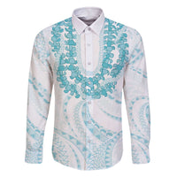 Aloha Lei Onaona Family Matching Off The Shoulder Long Sleeve Dress and Hawaiian Shirt Teal Hawaiian Tribal Pattern