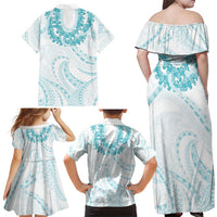 Aloha Lei Onaona Family Matching Off Shoulder Maxi Dress and Hawaiian Shirt Teal Hawaiian Tribal Pattern