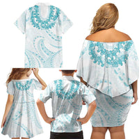 Aloha Lei Onaona Family Matching Off Shoulder Short Dress and Hawaiian Shirt Teal Hawaiian Tribal Pattern