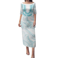 Aloha Lei Onaona Family Matching Puletasi and Hawaiian Shirt Teal Hawaiian Tribal Pattern