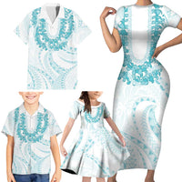 Aloha Lei Onaona Family Matching Short Sleeve Bodycon Dress and Hawaiian Shirt Teal Hawaiian Tribal Pattern