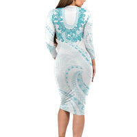 Aloha Lei Onaona Long Sleeve Bodycon Dress Teal Hawaiian Tribal Pattern