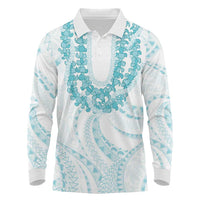 Aloha Lei Onaona Long Sleeve Polo Shirt Teal Hawaiian Tribal Pattern