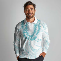 Aloha Lei Onaona Long Sleeve Polo Shirt Teal Hawaiian Tribal Pattern