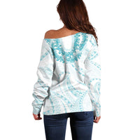 Aloha Lei Onaona Off Shoulder Sweater Teal Hawaiian Tribal Pattern