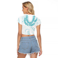 Aloha Lei Onaona Raglan Cropped T Shirt Teal Hawaiian Tribal Pattern