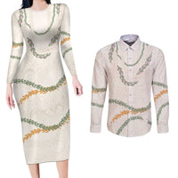 Aloha Lei Mikioi Couples Matching Long Sleeve Bodycon Dress and Long Sleeve Button Shirt Beige Polynesian Tribal Tatau Pattern