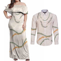 Aloha Lei Mikioi Couples Matching Off Shoulder Maxi Dress and Long Sleeve Button Shirt Beige Polynesian Tribal Tatau Pattern