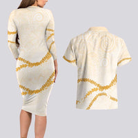 Aloha Lei Mikioi Couples Matching Long Sleeve Bodycon Dress and Hawaiian Shirt Gold Polynesian Tribal Tatau Pattern LT9 - Polynesian Pride