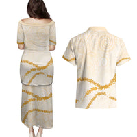 Aloha Lei Mikioi Couples Matching Puletasi and Hawaiian Shirt Gold Polynesian Tribal Tatau Pattern