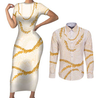 Aloha Lei Mikioi Couples Matching Short Sleeve Bodycon Dress and Long Sleeve Button Shirt Gold Polynesian Tribal Tatau Pattern
