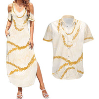 Aloha Lei Mikioi Couples Matching Summer Maxi Dress and Hawaiian Shirt Gold Polynesian Tribal Tatau Pattern