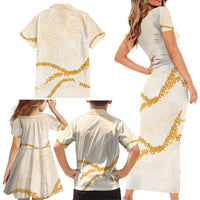 Aloha Lei Mikioi Family Matching Short Sleeve Bodycon Dress and Hawaiian Shirt Gold Polynesian Tribal Tatau Pattern