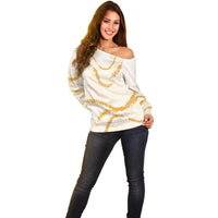 Aloha Lei Mikioi Off Shoulder Sweater Gold Polynesian Tribal Tatau Pattern