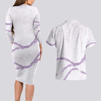 Aloha Lei Mikioi Couples Matching Long Sleeve Bodycon Dress and Hawaiian Shirt Purple Polynesian Tribal Tatau Pattern
